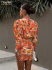 Sexy Slim Print Women Dress Bodycon V-Neck Long Sleeve Mini Dresses Elegant Ruched High Waist Lace-Up Female Dress