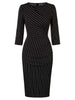 Women Elegant Round Neck 3/4 Sleeve Ruched Black Diagonal Striped Slim Bodycon Business Casual Pencil Midi Dress