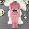 Elegant Turtleneck Long Sleeve Knit Soft Tight Pencil Dress with Belt Slim Warm Sweater Vestido Sexy Women Winter Robe