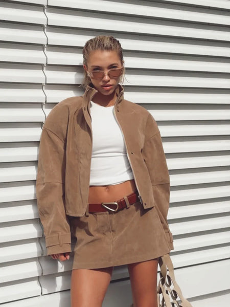 Women Faux Suede Two Piece Set Stand Collar Covered Button Long Sleeve Cropped Jacket High Waist Mini Skirt Vintage Casual Suits