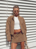 Women Faux Suede Two Piece Set Stand Collar Covered Button Long Sleeve Cropped Jacket High Waist Mini Skirt Vintage Casual Suits