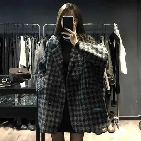 Houndstooth Faux Wool Jacket Women Korean Loose Elegant Double Breasted Suit Overcoat Winter Thick Warm Blend Outerwear