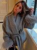 Solid Lace Up Faux Fur Sleeve Jacket Woman Elegant Mid-length V-neck Woolen Blend Coat Autumn Casual Scarf Outwear