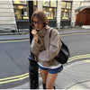 Turtleneck Short Checkered Coat Women Double Breasted Long Sleeve Outerwear Autumn Lady Daily Casual Jacket