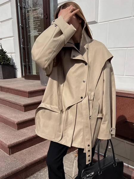 Solid Oversized Tie-waist Cropped Trench Coat Women Drop Shoulder Outerwear Lady Spring Modern Edgy Streetwear Coat