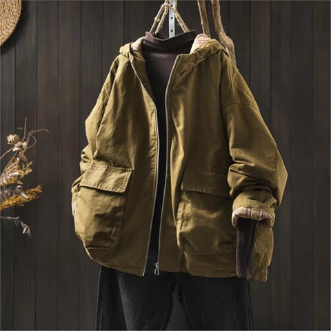 Women Vintage Hooded Parkas Solid Color Zipper Coats Winter Patchwork Pockets Long Sleeve Loose Warm Parkas