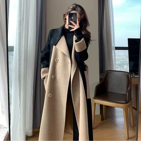Women Autumn Winter Double-faced Polyester Blends Long Style Elegant Patchwork Woolen Overcoat High Street Slim Sashes Outerwear