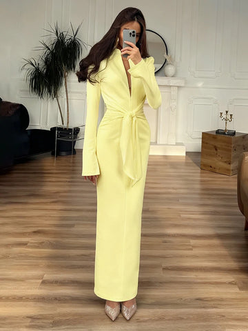 Office Style Dress Women Shoulder Padded Zip Wrapped Bandage Full Sleeve Splits Elegant Solid Simple Long Bodycon