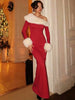 Furry Patchwork Christmas Dress Women Winter Elegant Diagonal Collar Split Hem Full Sleeve Party Club Vestidos