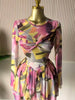 Women Leaf Floral Print Draped O-neck Long Sleeve Big Swing Smock Dress Birthda Party Education Dresses