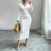 Women Polo Collar Knit Maxi Long Dress Elastic Ribbed Long Sleeve Bodycon Sweater Dress Elegant Ladies Party Casual Outfits