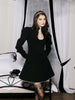 Puff Sleeve Contrast Color Mini Dress Female Retro Elegant Stand Collar Hollow Lace Up A-Line Dress Tight Waist
