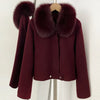 Winter Outerwear Women Cropped 100% Pure Wool Jacket Oversized Real Fox Fur Collar Zip Up Short Wool Coat Female