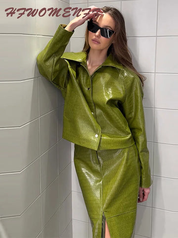 Chic Croc Faux Leather Jacket Skirt Suit Women Autumn Full Sleeve Coat High Waist Split Midi Skirts Lady Party 2 Piece Set