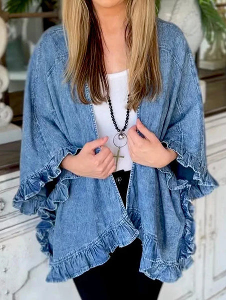 Vintage Cute Solid Splicing Pocket Denim Jacket Female Streetwear Lapel 3/4 Sleeves Ruffle Cardigan Loose Women Coat