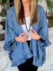 Vintage Cute Solid Splicing Pocket Denim Jacket Female Streetwear Lapel 3/4 Sleeves Ruffle Cardigan Loose Women Coat