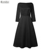 Elegant Satin Black Party Midi Dresses Women's Boatneck 3/4 Sleeve Fit and Flare A-Line Dress Wedding Guest Woman Clothes