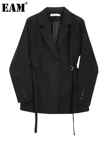 Black Bandage Buckle Causal Blazer Women Lapel Long Sleeve Loose Fit Jacket Tide Spring Autumn 30A2051