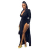 Plus Size Women Full Sleeve Evening Dresses Classic V-neck Maxi Vestidos Night Club Split Party Long Dress