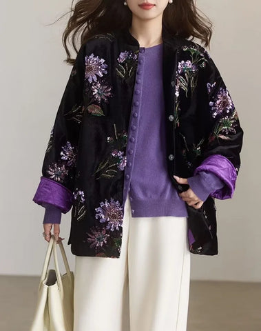 Chinese Style Retro National Embroidered Sequins Cotton Padded Coat Women Autumn Winter Loose Warm Heavy Velvet Cotton Jack