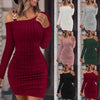 Women Knit Cold Shoulder Long Sleeve Bodycon Dress With Metal Buckle Detail Ruched Waist Slim Fit Mini Dress For Party Cl