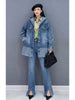 Retro Denim Hooded Coats for Women Blue Single Breasted Mid-length Loose Autumn Jackets