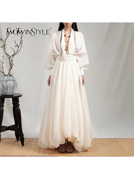 Loose Sheer Spliced Folds Sexy Dresses for Women V Neck Long Sleeves High Waist Dress Female Clothing