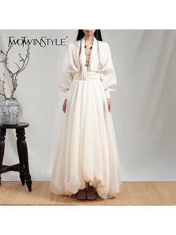 Loose Sheer Spliced Folds Sexy Dresses for Women V Neck Long Sleeves High Waist Dress Female Clothing