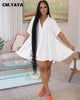 Elegant Women Big Swing Turn-down Neck Single Breasted Shirt Style Loose Smock Dress