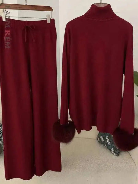2 Pieces Sets For Women High Neck Loose Sweater With Fox Fur Cuffs Wide Leg Trousers Spring Winter 2DB1757