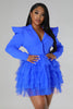 Vintage Women Single Breasted Notched Neck Puff Long Sleeve Mesh Cascading Ruffles Big Swing Blazer Dress Chic Vestidos
