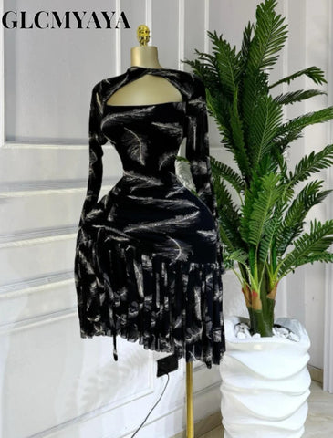 Women Full Sleeve Print Stacked Ruffles Bodycon Mini Dress Fall Evening Birthday Vacation Party Vestidos Sexy Dresses