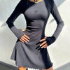 Spring Elegant Pretty Women Dresses Black Sexy Short Dress Female V Neck Long Sleeve Slim Solid Color Mini Dress