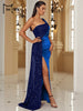 Wine Sequin Evening Dress Elegant Women One Shoulder Draped Split Wedding Party Prom Dresses Bridesmaid Wine Long Gown