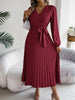 Spring Autumn Elegant Buttons V Neck Lantern Long Sleeve Lace Up Pleated Dress Khaki Blue Red Green Black Women Dresses