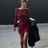 Sexy Wine Red Dresses Women Autumn O-Neck Streetwear Print Long Sleeves Dresses Lady Knitted Pullover Clothing Dress