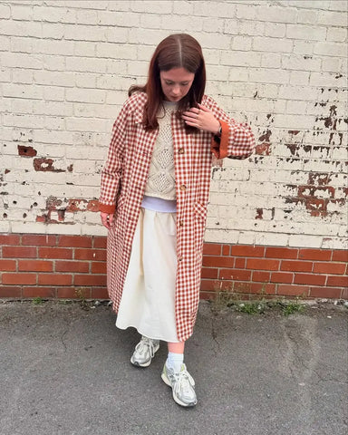 Women Plaid Long Windbreaker Chic Lapel Single Breasted Pocket Loose Jackets Lady Daily Commuting Street Outerwear