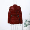Shiny Belted Waist Jacket For Women Casual Detachable Hood Zipper Pockets Coat Lady Winter Chic Street Outerwear