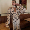 Retro Elegant Satin Polka Dots V Neck Maxi Dress Suit Women Ribbon Lace Full Sleeve Puff Sleeve Waist Cinched Long Dresses