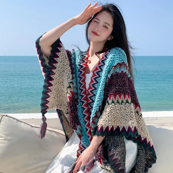 Ethnic Style Cape Oversized Sweater Jacket Women Loose Patchwork Warm Long Scarf Knitted Cardigan Woman
