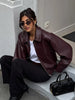 Women Coated Cinched-waist Leather Jacket Retro Casual Lapel Full Sleeve Zipper Fishbone Coats Lady Daily High Street Coat