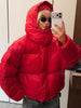 Bright Red Hooded Puffer Jacket Oversized Collar Horizontal Quilted Thick Padded Cropped Coats Women's Down Winter Jackets Warm