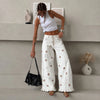 European and American Style Retro Flower Printing Wide-leg Jeans Women's Trousers Ruffle Edge Design Ripped Low-rise