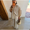 Striped Print Shirt Pants Set Turn Down Collar Three Quarter Sleeve Blouses Wide Leg Trousers Suit Casual Chic Women Outfit