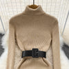 Elegant Turtleneck Long Sleeve Knit Soft Tight Pencil Dress with Belt Slim Warm Sweater Vestido Sexy Women Winter Robe