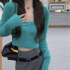Fuzzy Square Neck Cardigan Sweater Women Long Sleeve Button-Up Fitted Knit Crop Top Soft Plush Jacket Spring Fall Y2K