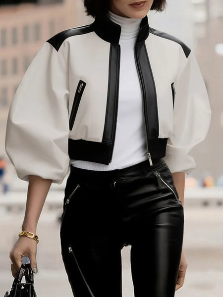 Women's PU Leather Stand Collar Y2K Jackets Puff Sleeves Patchwork Zipper Cropped Short Outerwears