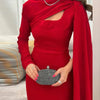 Sexy Asymmetric Hollow Out Party Dress Women Ribbon Long Sleeve Evening Dress Elegant Long Sleeve Full Length Gala Dress