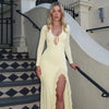 V-Neck Long Sleeve Slim Side Slit Mesh Patchwork Long Dress Women'S Solid Sexy Elegant Clothes Party Club Autumn Outfit