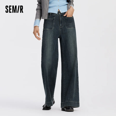 Women Jeans Panel Raw Hem Flare Leg Retro Street Style Slim Long Denim Pants Spring Urban Daily Wear